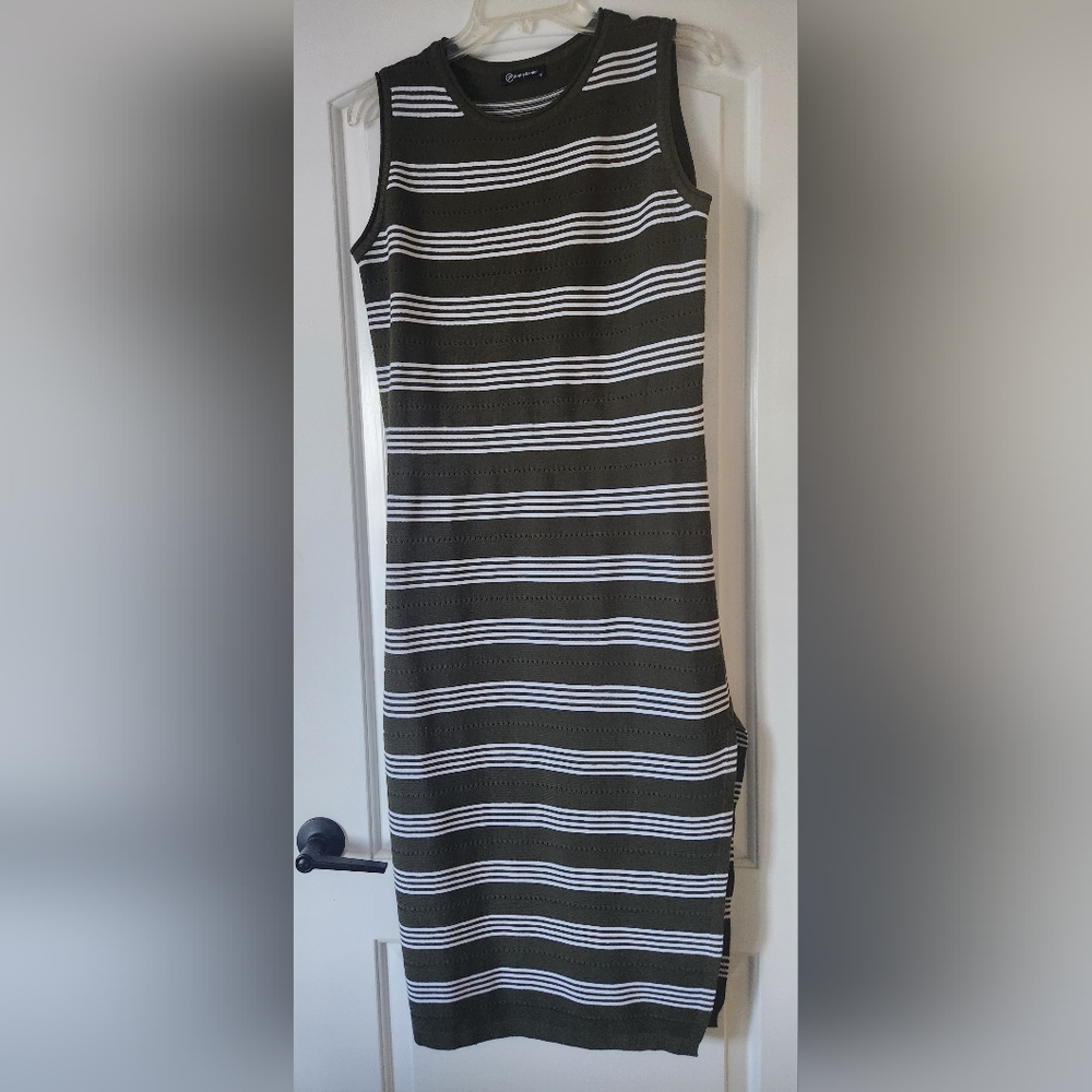 Elegant Olive and White Striped Long Knitted Dress